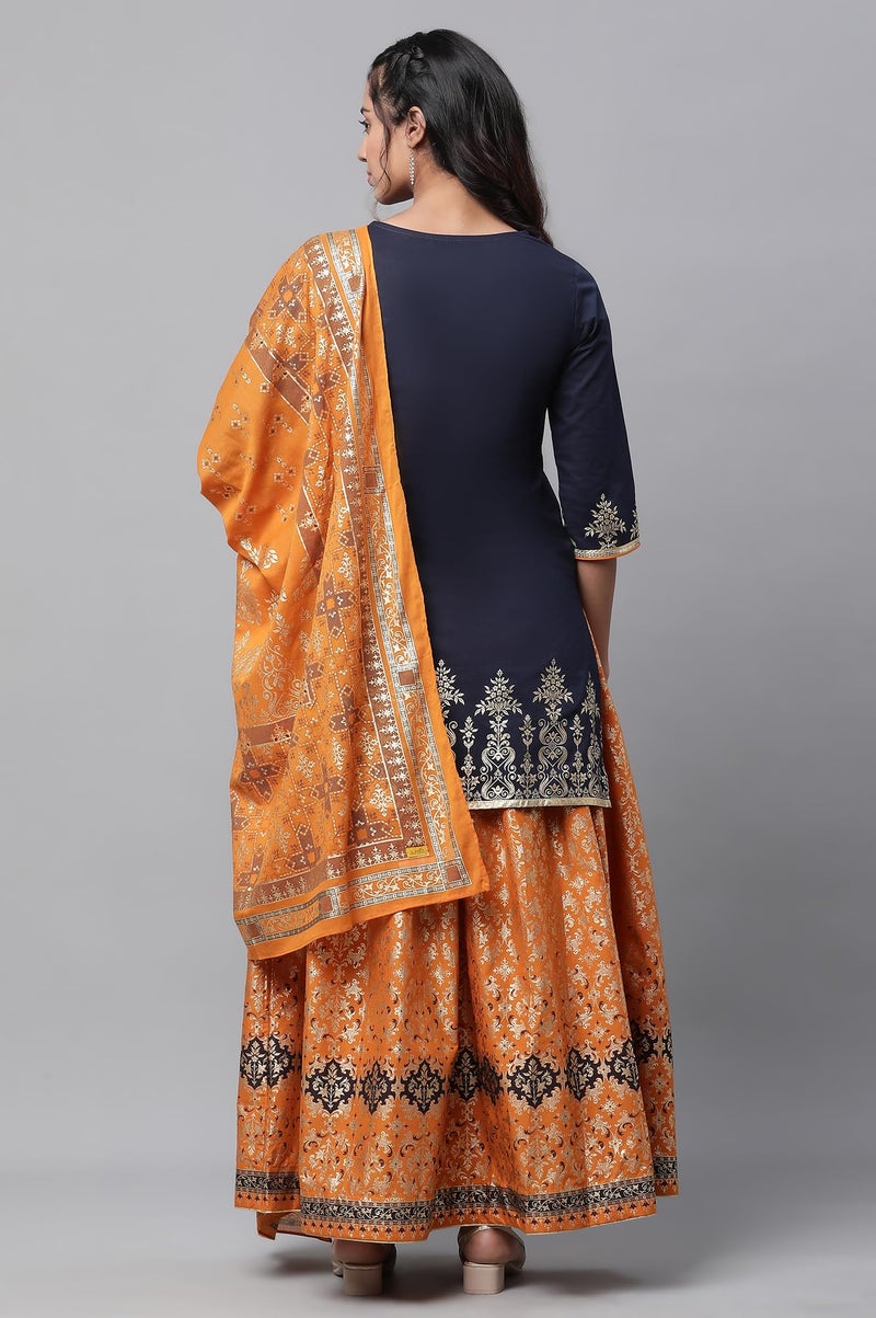Aurelia Blue Festive Short Kurta, Orange Crinkle Skirt and Dupatta (Size: M)-24AUAS14547-507310 - Image 4
