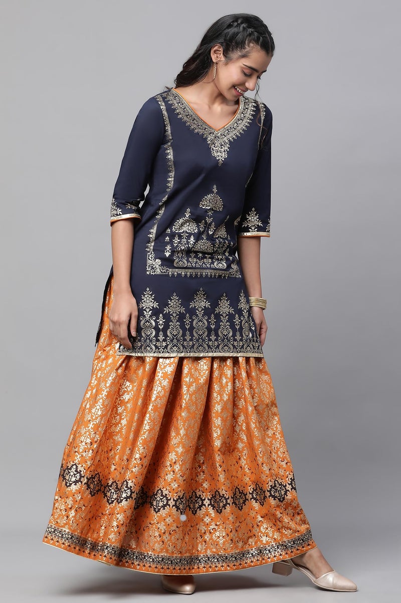 Aurelia Blue Festive Short Kurta, Orange Crinkle Skirt and Dupatta (Size: M)-24AUAS14547-507310 - Image 3