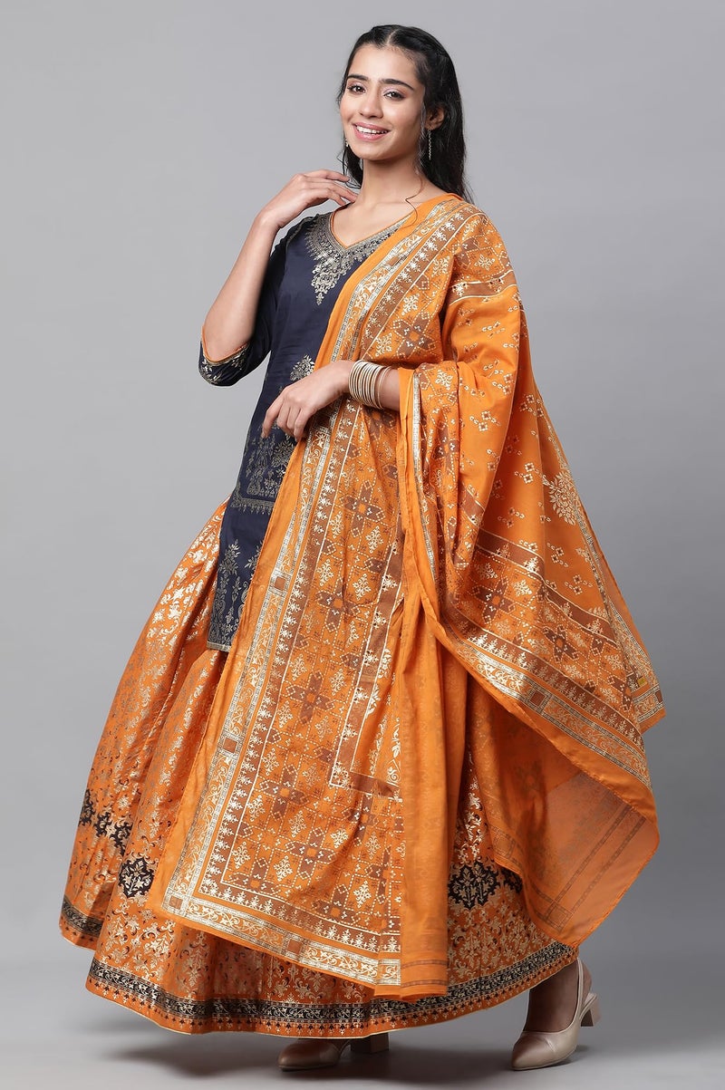 Aurelia Blue Festive Short Kurta, Orange Crinkle Skirt and Dupatta (Size: M)-24AUAS14547-507310 - Image 2