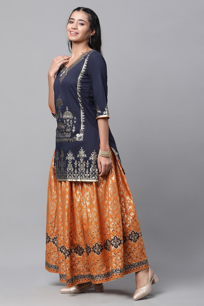 Aurelia Blue Festive Short Kurta, Orange Crinkle Skirt and Dupatta (Size: M)-24AUAS14547-507310 - Image 5