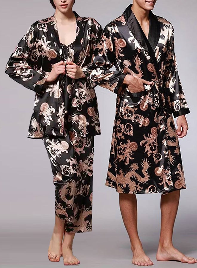 MARGOUN 2 Packs For Bathrobe Men's Large Women's Medium Bath Robe Dressing Gown Comfortable Sleepwear Silk Lovers Nightgown Dressing Gown Dragon Pattern Black - Image 2