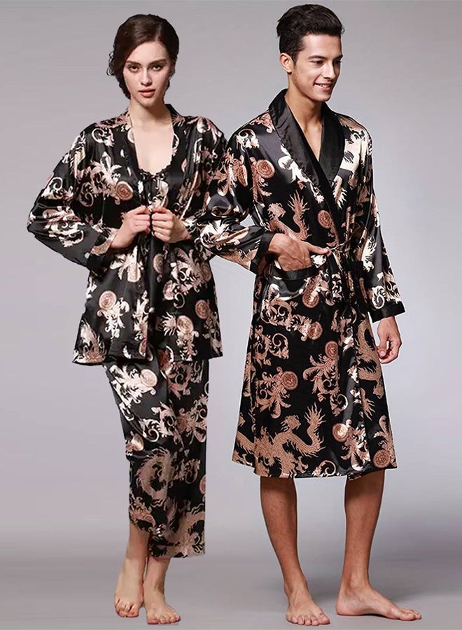 MARGOUN 2 Packs For Bathrobe Men's Large Women's Medium Bath Robe Dressing Gown Comfortable Sleepwear Silk Lovers Nightgown Dressing Gown Dragon Pattern Black - Image 3