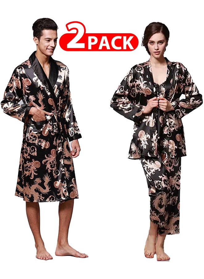 MARGOUN 2 Packs For Bathrobe Men's Large Women's Medium Bath Robe Dressing Gown Comfortable Sleepwear Silk Lovers Nightgown Dressing Gown Dragon Pattern Black - Image 1