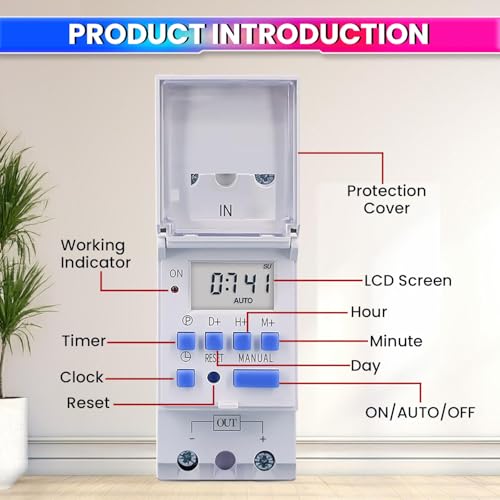amiciSmart أميشي سمارت تايمر رقمي قابل للبرمجة بمفتاح التبديل مع جدول مدمج لمدة 7 أيام، مثبت على سكة DIN بقدرة 30A، تيار مستمر 12V - Image 2