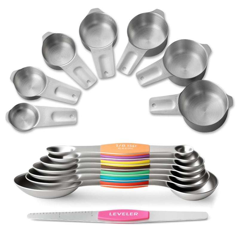 EWFEN Stainless Steel Measuring Cups & Spoons Set, EWFEN Kitchen Tools Nesting Measuring Cups and Spoons, Fits in Spice Jars for Baking & Cooking, BPA Free, Set of 15 with Leveler, Multicolor - Image 1
