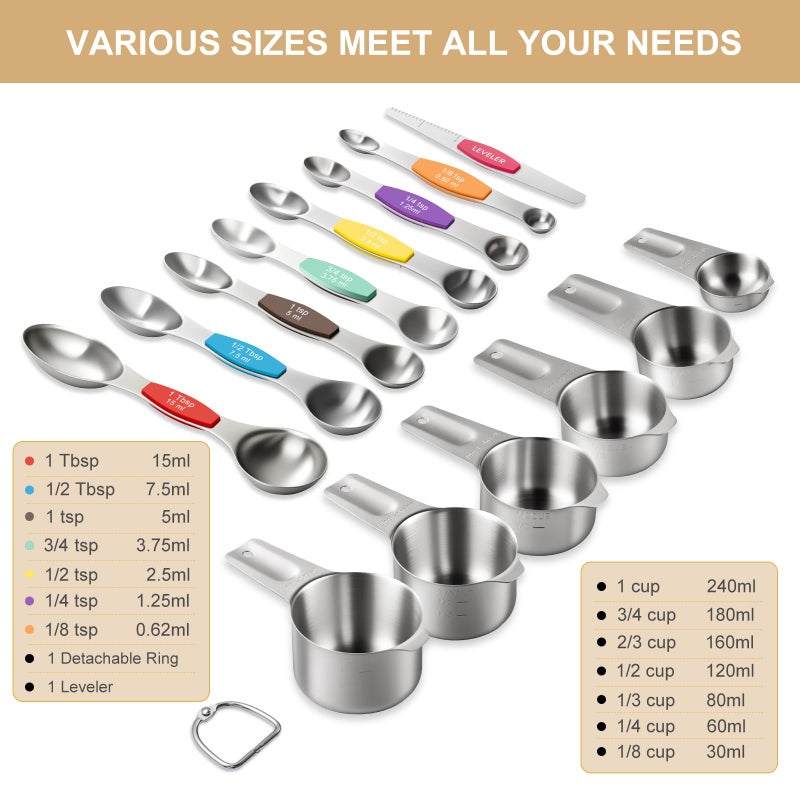 EWFEN Stainless Steel Measuring Cups & Spoons Set, EWFEN Kitchen Tools Nesting Measuring Cups and Spoons, Fits in Spice Jars for Baking & Cooking, BPA Free, Set of 15 with Leveler, Multicolor - Image 2