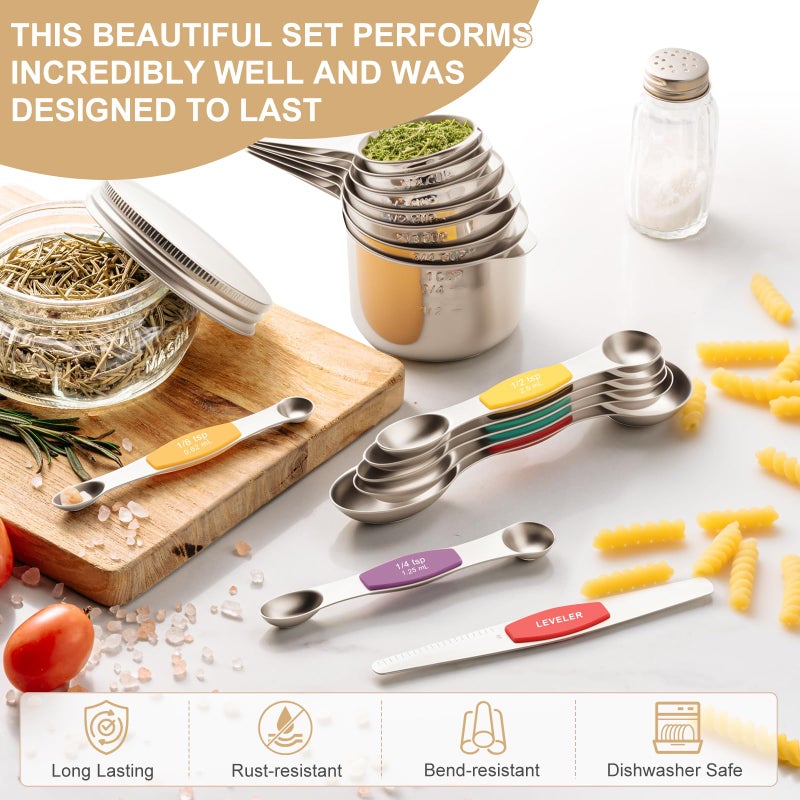 EWFEN Stainless Steel Measuring Cups & Spoons Set, EWFEN Kitchen Tools Nesting Measuring Cups and Spoons, Fits in Spice Jars for Baking & Cooking, BPA Free, Set of 15 with Leveler, Multicolor - Image 3