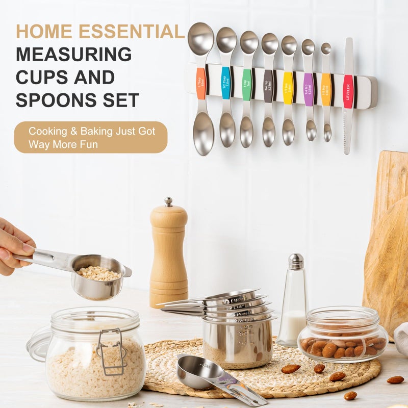 EWFEN Stainless Steel Measuring Cups & Spoons Set, EWFEN Kitchen Tools Nesting Measuring Cups and Spoons, Fits in Spice Jars for Baking & Cooking, BPA Free, Set of 15 with Leveler, Multicolor - Image 4