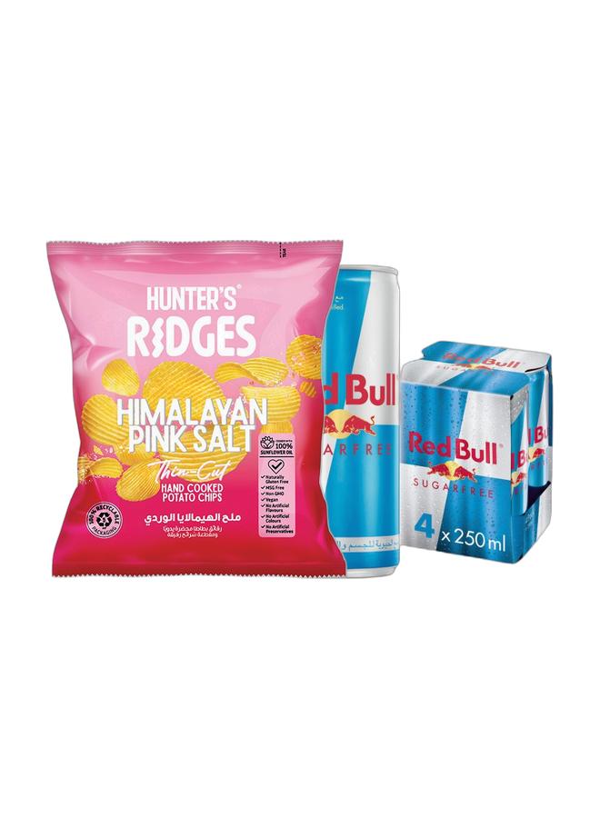 noon Hunter's Gourmet Himalayan Pink Salt Ridges Thin Cut Potato Chips 40g + Red Bull Sugar Free Energy Drink 250ml Pack of 4 - Image 1