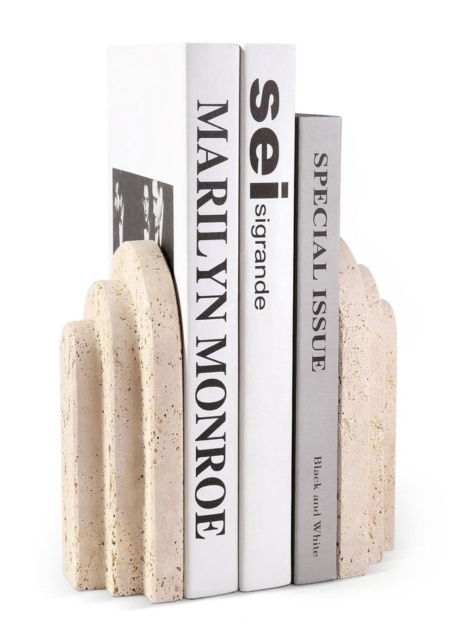 BCS Natural Marble Book Ends - Heavy Duty Bookends for Shelves - Aesthetic Layered Arch Design Stone Book Holders, Unique Modern Office Bookshelf Stopper Decor for Books/CDs(Travertino Turkey) - Image 1