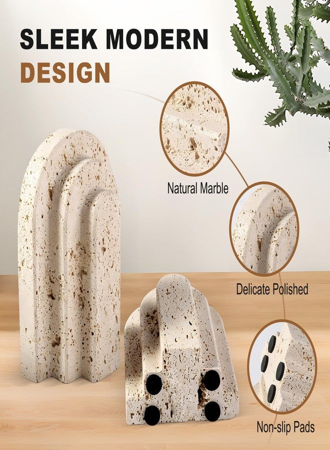 BCS Natural Marble Book Ends - Heavy Duty Bookends for Shelves - Aesthetic Layered Arch Design Stone Book Holders, Unique Modern Office Bookshelf Stopper Decor for Books/CDs(Travertino Turkey) - Image 4