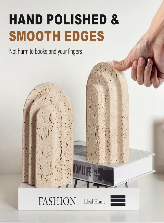BCS Natural Marble Book Ends - Heavy Duty Bookends for Shelves - Aesthetic Layered Arch Design Stone Book Holders, Unique Modern Office Bookshelf Stopper Decor for Books/CDs(Travertino Turkey) - Image 5
