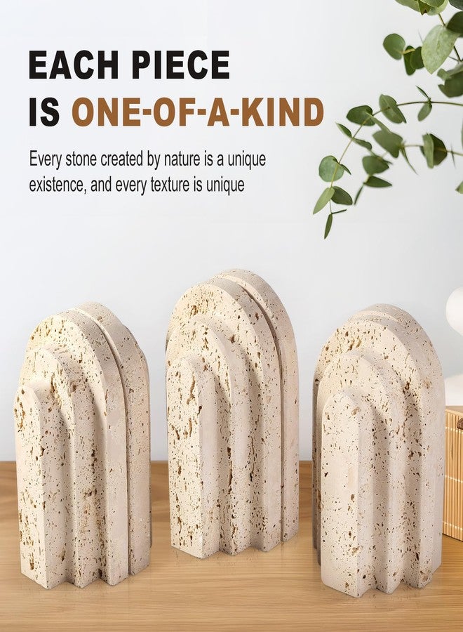 BCS Natural Marble Book Ends - Heavy Duty Bookends for Shelves - Aesthetic Layered Arch Design Stone Book Holders, Unique Modern Office Bookshelf Stopper Decor for Books/CDs(Travertino Turkey) - Image 3