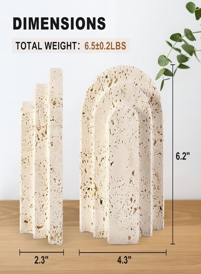 BCS Natural Marble Book Ends - Heavy Duty Bookends for Shelves - Aesthetic Layered Arch Design Stone Book Holders, Unique Modern Office Bookshelf Stopper Decor for Books/CDs(Travertino Turkey) - Image 2