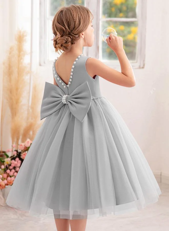 تايك تو فستان حفلات أميرة للفتيات بياقة خلفية عميقة وتفاصيل لؤلؤ وفيونكة