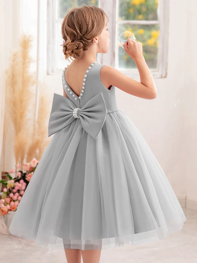 Take Two Girls Pearl Decor Bow Tie Deep V-Back Princess Party Dress
