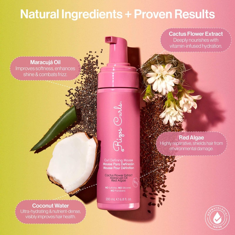 Rizos Curls موس تحديد تجاعيد ريزوس كيرلز، ترطيب وتحديد، تثبيت ناعم للحجم والتحديد، لمعان خالي من التجاعيد مع ماء جوز الهند، مستخلص زهرة الصبار وزيت بذور الماراكوجا، لجميع أنماط التجاعيد 2a - 4c، 6.8 أونصة - Image 2