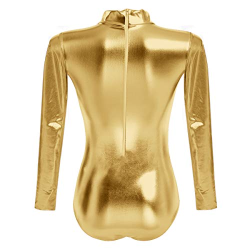 ABAFIP Womens Metallic Liquid Shiny Long Sleeve Lycra Spandex Gymnastic Ballet Dance Leotard Bodysuit Faux Leather Stage Dancewear Performance Costume Gold Large - Image 3