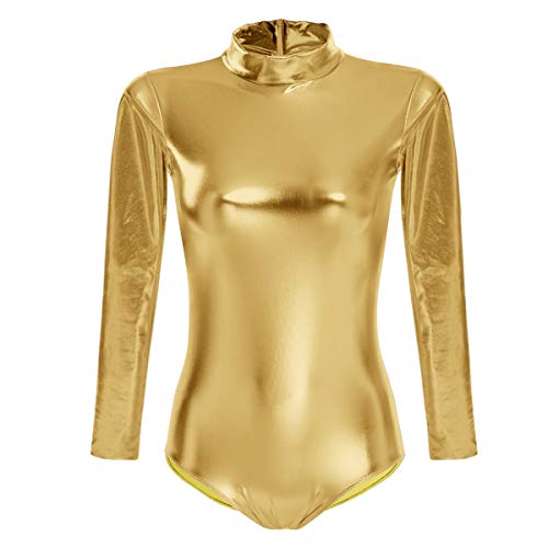 ABAFIP Womens Metallic Liquid Shiny Long Sleeve Lycra Spandex Gymnastic Ballet Dance Leotard Bodysuit Faux Leather Stage Dancewear Performance Costume Gold Large - Image 1