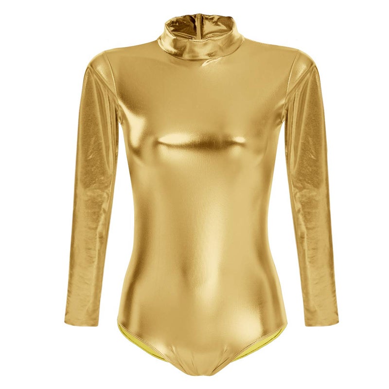 ABAFIP Womens Metallic Liquid Shiny Long Sleeve Lycra Spandex Gymnastic Ballet Dance Leotard Bodysuit Faux Leather Stage Dancewear Performance Costume Gold Large - Image 2
