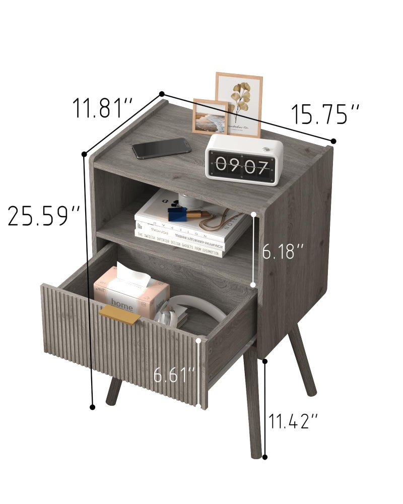 JOONEE Nightstand,Modern Bedside Table with Storage Drawer and Open Wood Shelf, for Living Room, Bedroom and Small Spaces, Accent Night Stand with Solid Wood Legs, Easy Assembly,Grey Oak - Image 2