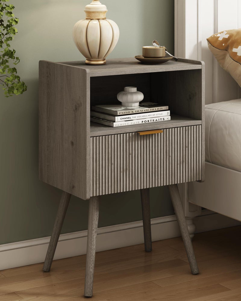 JOONEE Nightstand,Modern Bedside Table with Storage Drawer and Open Wood Shelf, for Living Room, Bedroom and Small Spaces, Accent Night Stand with Solid Wood Legs, Easy Assembly,Grey Oak - Image 1