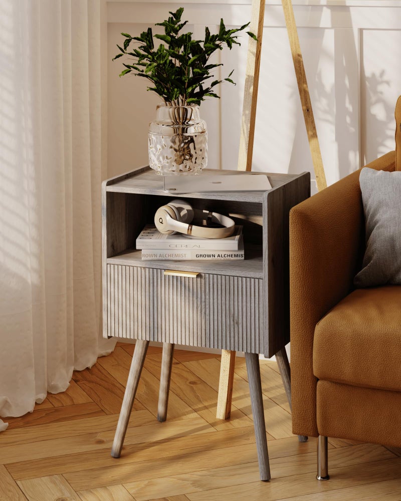 JOONEE Nightstand,Modern Bedside Table with Storage Drawer and Open Wood Shelf, for Living Room, Bedroom and Small Spaces, Accent Night Stand with Solid Wood Legs, Easy Assembly,Grey Oak - Image 5