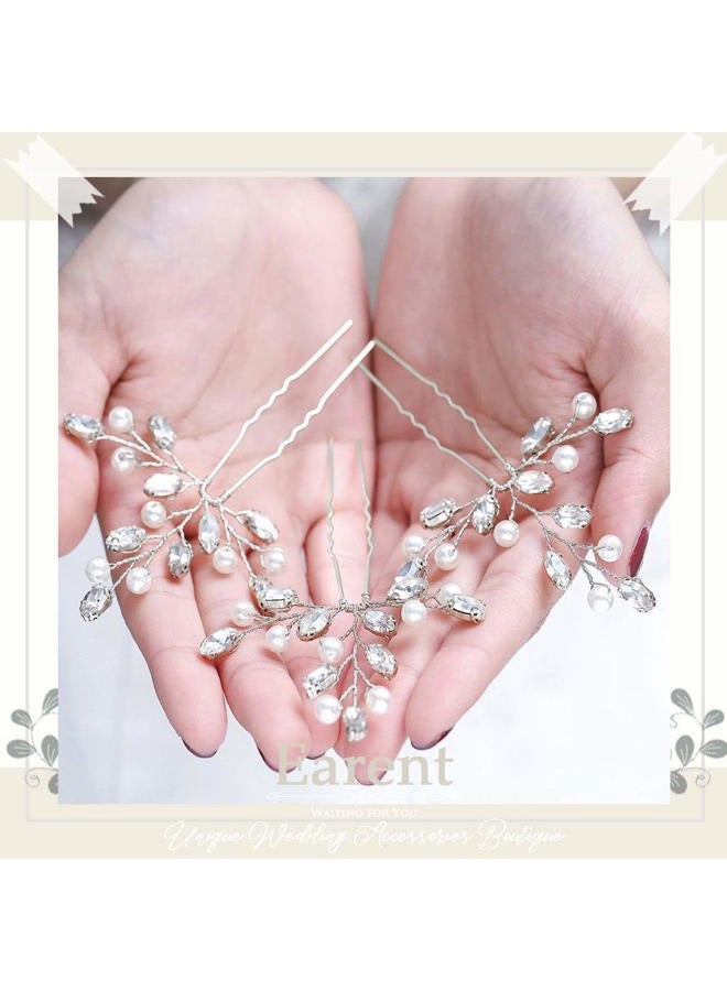 Earent Rhinestone Bride Wedding Hair Pins Silver Pearl Hair Piece Crystal Bridal Hair Accessories for Women (Pack of 3) (A-Silver) - Image 4