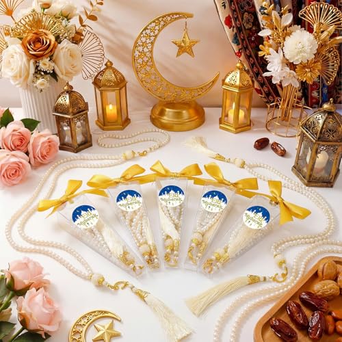 Yinkin 12 Sets Islamic Prayer Beads Eid Ramadan Muslim 99 Rosary Beads Gift with Tasbih Eid Mubarak Box Ramadan Islamic Jewelry Party Favor for Hajj Umrah Kursi Wedding Bridal ShowerWhite - Image 1