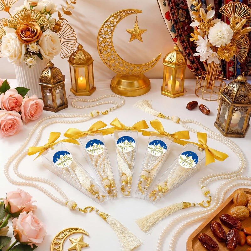 Yinkin 12 Sets Islamic Prayer Beads Eid Ramadan Muslim 99 Rosary Beads Gift with Tasbih Eid Mubarak Box Ramadan Islamic Jewelry Party Favor for Hajj Umrah Kursi Wedding Bridal ShowerWhite - Image 2