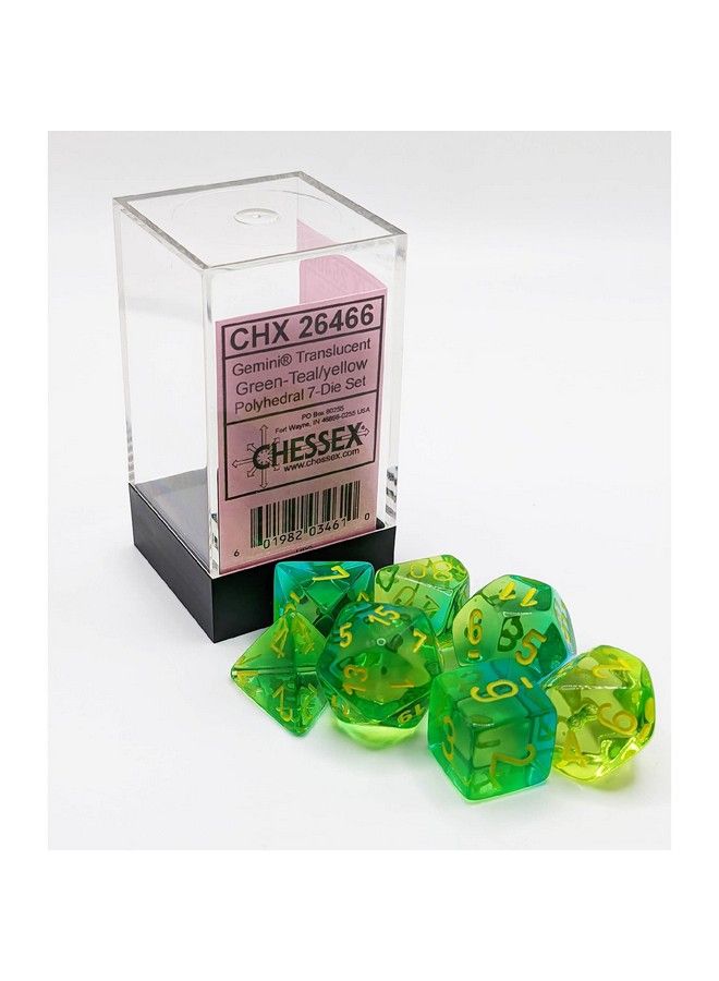Chessex Gemini Polyhedral Dice Set ; Set Of 7 Dice In A Variety Of Sizes Designed For Roleplaying Games ; Premium Quality Dice For Tabletop Rpgs ; Translucent Green Teal And Yellow Color ; Made By Chessex  - Image 1