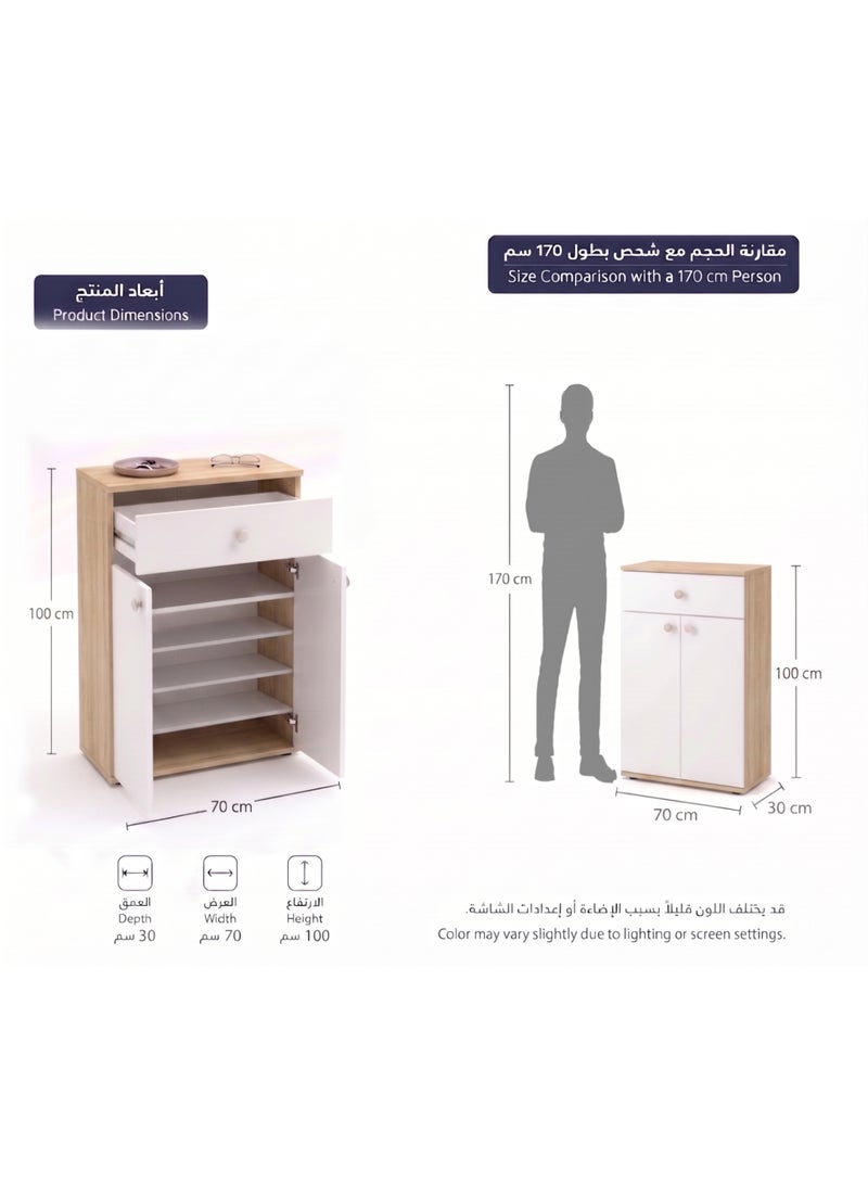Furniture Store Modern shoe rack/shoe cabinet with a wide drawer and 5 shelves, MDF, in light wood color with white, high-quality finish, from Furniture Store. - Image 2