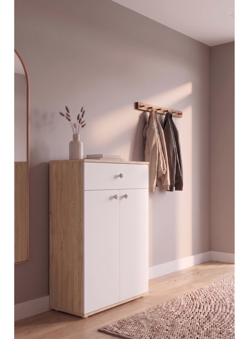 Furniture Store Modern shoe rack/shoe cabinet with a wide drawer and 5 shelves, MDF, in light wood color with white, high-quality finish, from Furniture Store. - Image 1