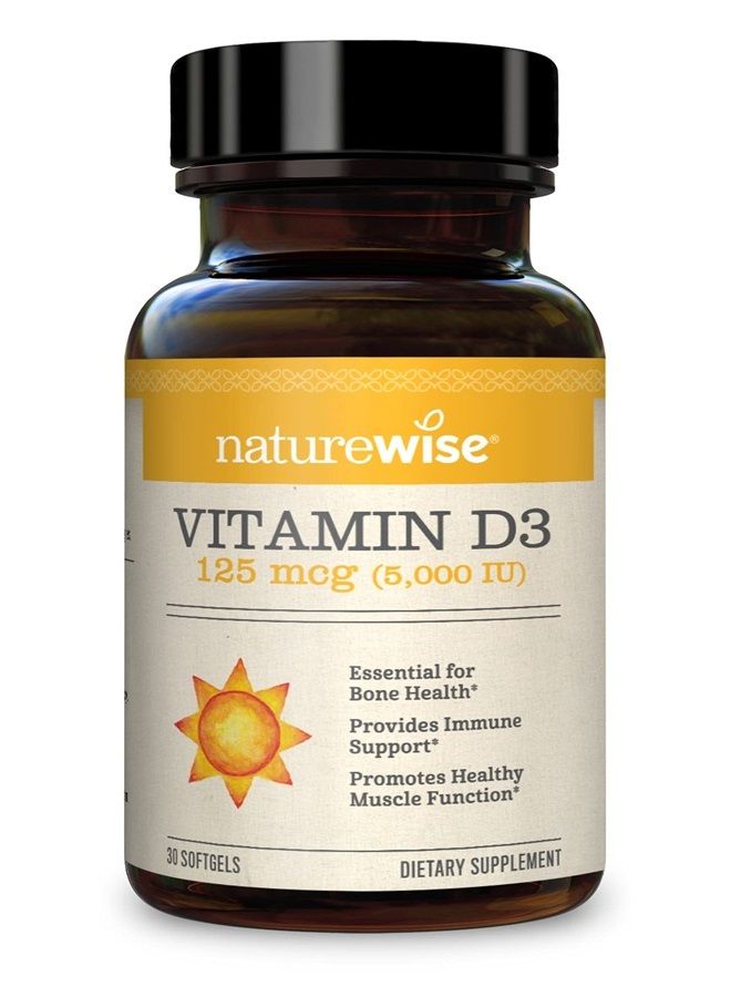 NatureWise فيتامين د3 5000 وحدة دولية (125 ميكروغرام) لدعم وظيفة العضلات الصحية والمناعة، غير معدّل وراثيًا، خالي من الغلوتين في زيت الزيتون البارد المضغوط، التعبئة تختلف (كبسولة لينة صغيرة)، 30 حبة - Image 1