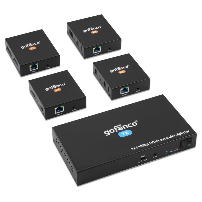 gofanco 1080p 1x4 HDMI Extender Splitter Over CAT5e67 Ethernet Cable Up to 165ft 50m HDMI Local Loopout PoC EDID IR Extension 5171ch Audio Mountable 1 in 4 Out HDExt4PPro v20
