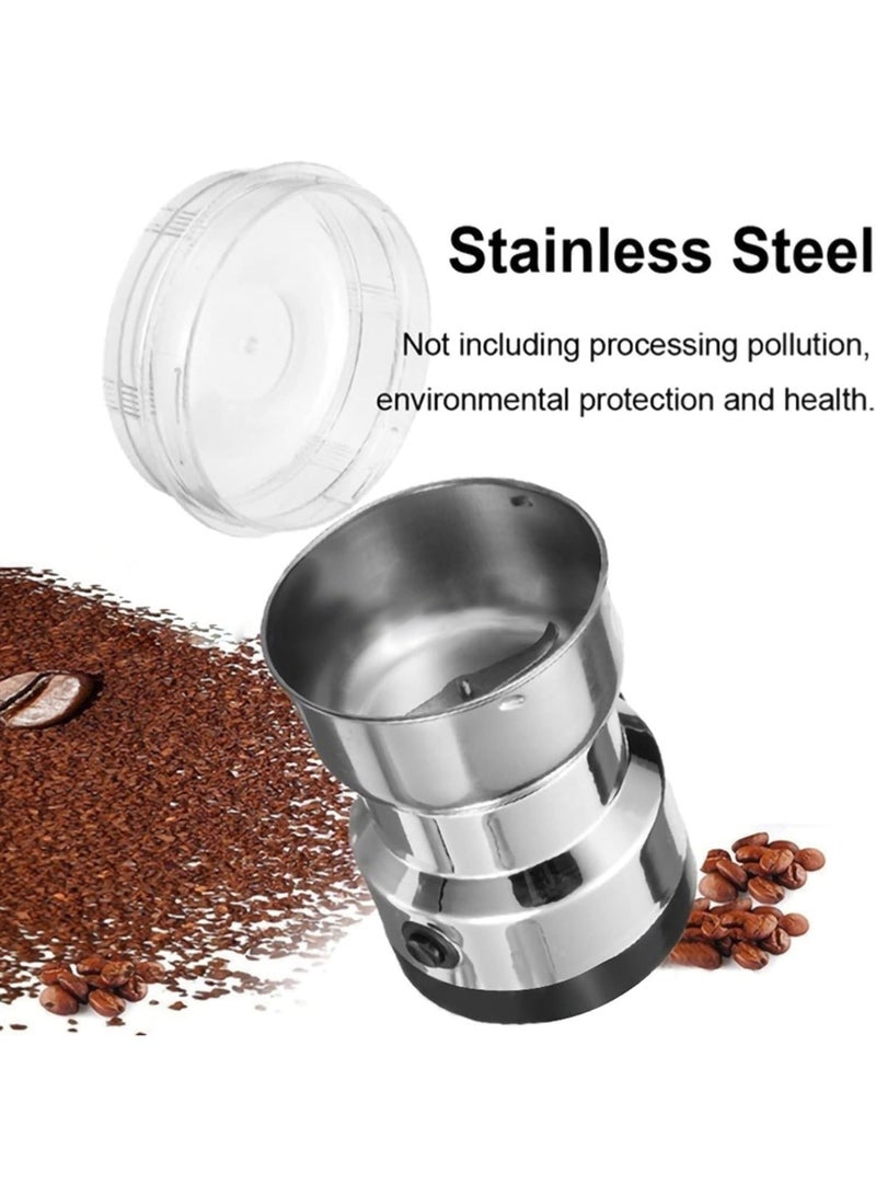 Silver Electric Grinder with Transparent Lid and Steel Blades, 85g Capacity, 90W Power for Coffee Beans, Spices and Nuts, Kitchen Tool with Soft Finger Tip and On/Off Switch, Efficient Performance - Image 1