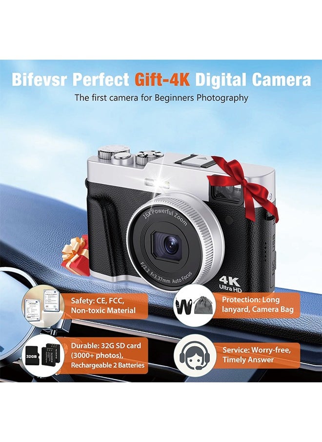 Generic - 4K Digital Camera with SD Card, 48MP Vlogging Camera with Viewfinder Flash Dial, Camera for Photography and Video Autofocus, Portable Travel Camera, 16X Zoom Anti-Shake Small Digital Camera - Image 1