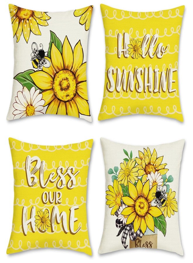 Bonhause Sunflowers Bee Throw Pillow Covers 18 x 18 Inch Set of 4, Summer Yellow White Floral Decorative Pillow Cases for Couch Sofa Home Garden Outdoor Decor - Image 1