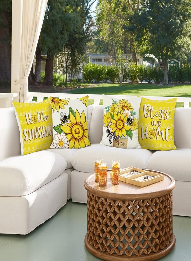 Bonhause Sunflowers Bee Throw Pillow Covers 18 x 18 Inch Set of 4, Summer Yellow White Floral Decorative Pillow Cases for Couch Sofa Home Garden Outdoor Decor - Image 2