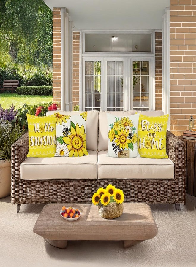 Bonhause Sunflowers Bee Throw Pillow Covers 18 x 18 Inch Set of 4, Summer Yellow White Floral Decorative Pillow Cases for Couch Sofa Home Garden Outdoor Decor - Image 3