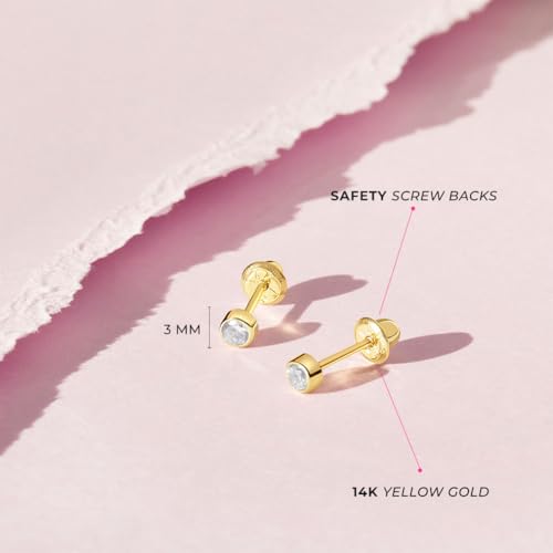 In Season Jewelry 14k Yellow Gold Round 3mm Simulated Diamond Birthstone Bezel Stud Screw Backs for Baby Girls - Safety Back Locking for Children - Cute Clear CZ Earrings for Little Girls - April Birth Month Gift - Image 4
