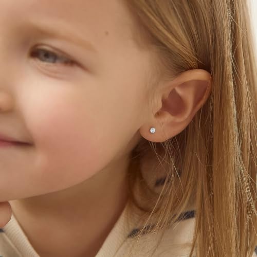 In Season Jewelry 14k Yellow Gold Round 3mm Simulated Diamond Birthstone Bezel Stud Screw Backs for Baby Girls - Safety Back Locking for Children - Cute Clear CZ Earrings for Little Girls - April Birth Month Gift - Image 3
