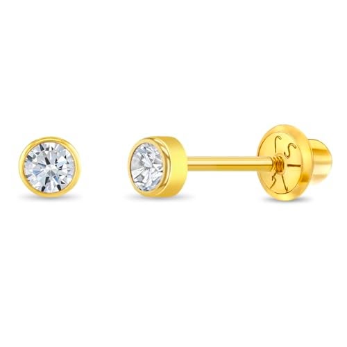 In Season Jewelry 14k Yellow Gold Round 3mm Simulated Diamond Birthstone Bezel Stud Screw Backs for Baby Girls - Safety Back Locking for Children - Cute Clear CZ Earrings for Little Girls - April Birth Month Gift - Image 1