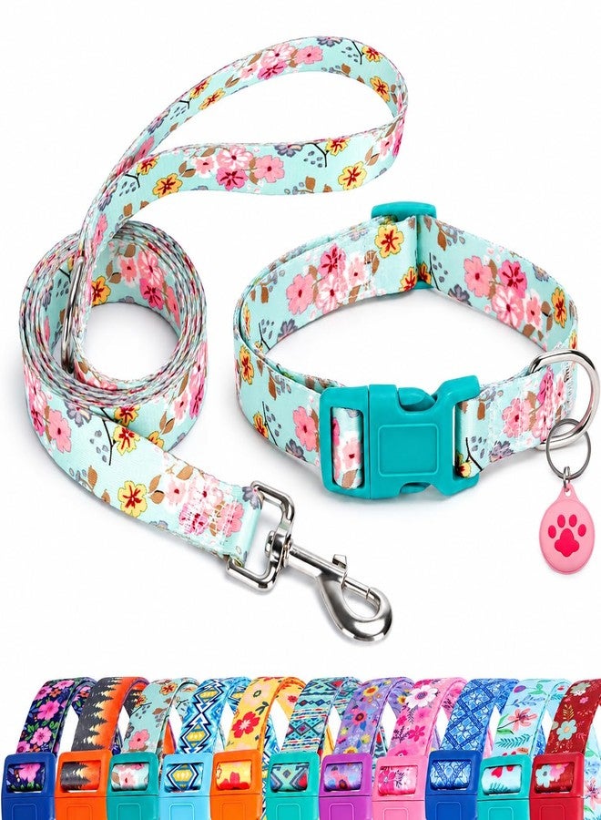 SLZZ Floral Matching Dog Collar and Leash Set with AirTag Holder, Anti-Lost Adjustable Durable Pet Collar Leash Combo for X-Small Small Medium Large Dogs, Ideal for Walking Hiking Training-Lily Daisy/S - Image 1