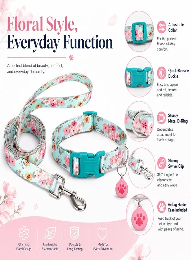 SLZZ Floral Matching Dog Collar and Leash Set with AirTag Holder, Anti-Lost Adjustable Durable Pet Collar Leash Combo for X-Small Small Medium Large Dogs, Ideal for Walking Hiking Training-Lily Daisy/S - Image 2