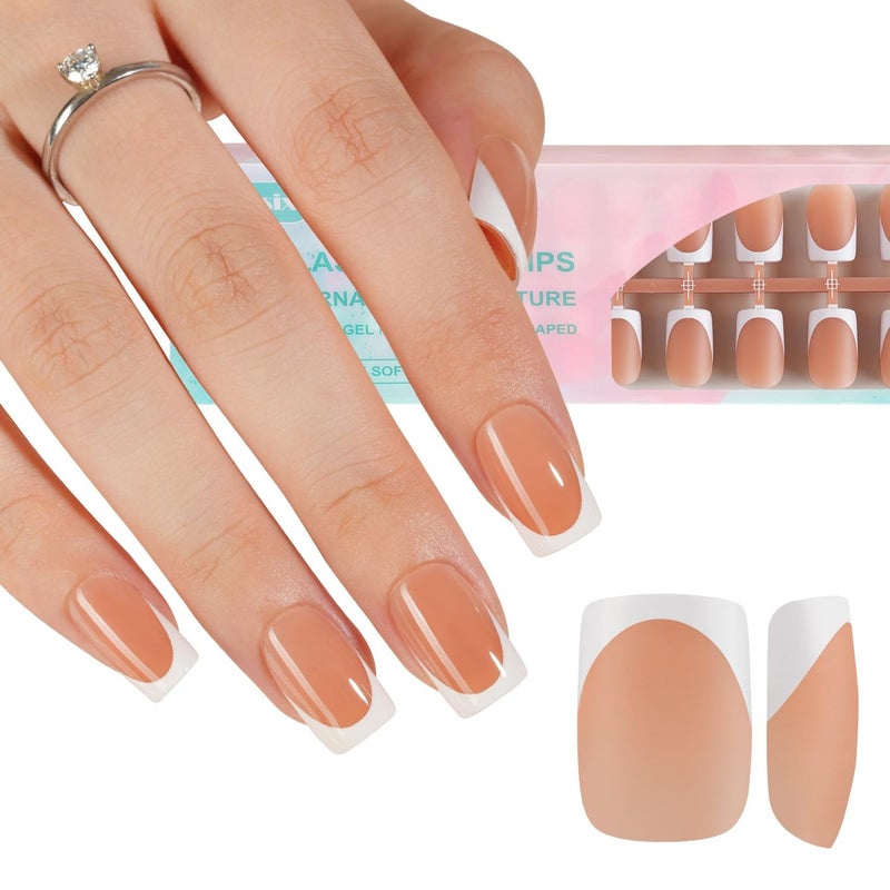 Misssix French Gel Nail Tips, 160Pcs French Tip Press on Nails Short Square Brown, No Need to File Tips Pre-lasting, Fake Nails for Nail Art DIY 16 Sizes - Image 1