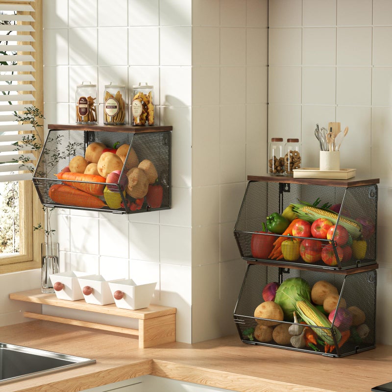 Litwaro Fruit Basket Wire Baskets with Wood Lid  Wall Mounted Produce Basket for Snack  Fruit and Vegetable Storage  Countertop Onion and Potato Storage  3 Pack Stackable Kitchen Counter Organizer - Image 1