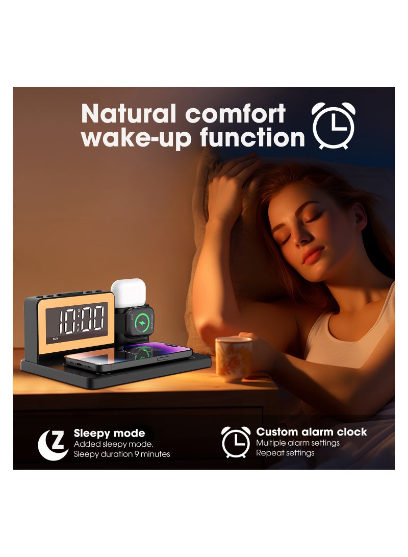 KASTWAVE Wireless Charging Station, 5 in 1 Wireless Charging Dock with Alarm Clock and 7 Color Night Light, 15W Fast Charger for iPhone15/14/13/12/11/X Series for Samsung Phone for Apple Watch for AirPods - Image 4