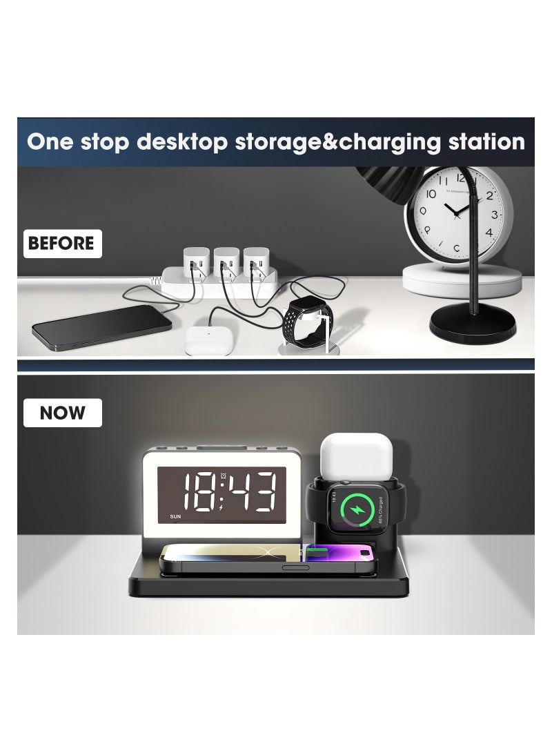 KASTWAVE Wireless Charging Station, 5 in 1 Wireless Charging Dock with Alarm Clock and 7 Color Night Light, 15W Fast Charger for iPhone15/14/13/12/11/X Series for Samsung Phone for Apple Watch for AirPods - Image 2