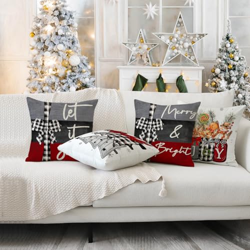 Artmag 18x18 Inch Christmas Throw Pillow Covers Merry Christmas Joy Xmas Trees Red and Black Decorative Winter Holiday Cushion Case for Coach Sofa Set of 4 - Image 3